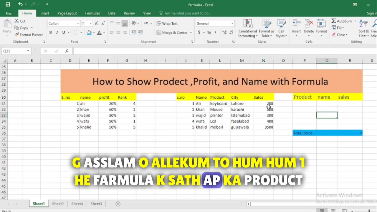 How to show Product Profit and name with price in Excel