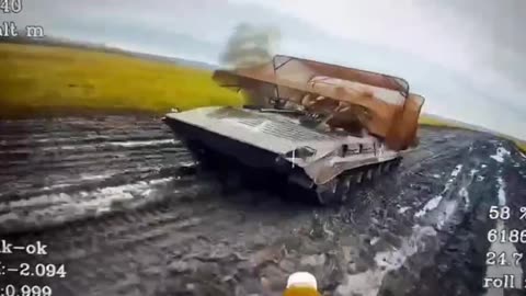 A BMP-2 of Ukrainian occupants catches an FPV drone on fiber optics with sad results.