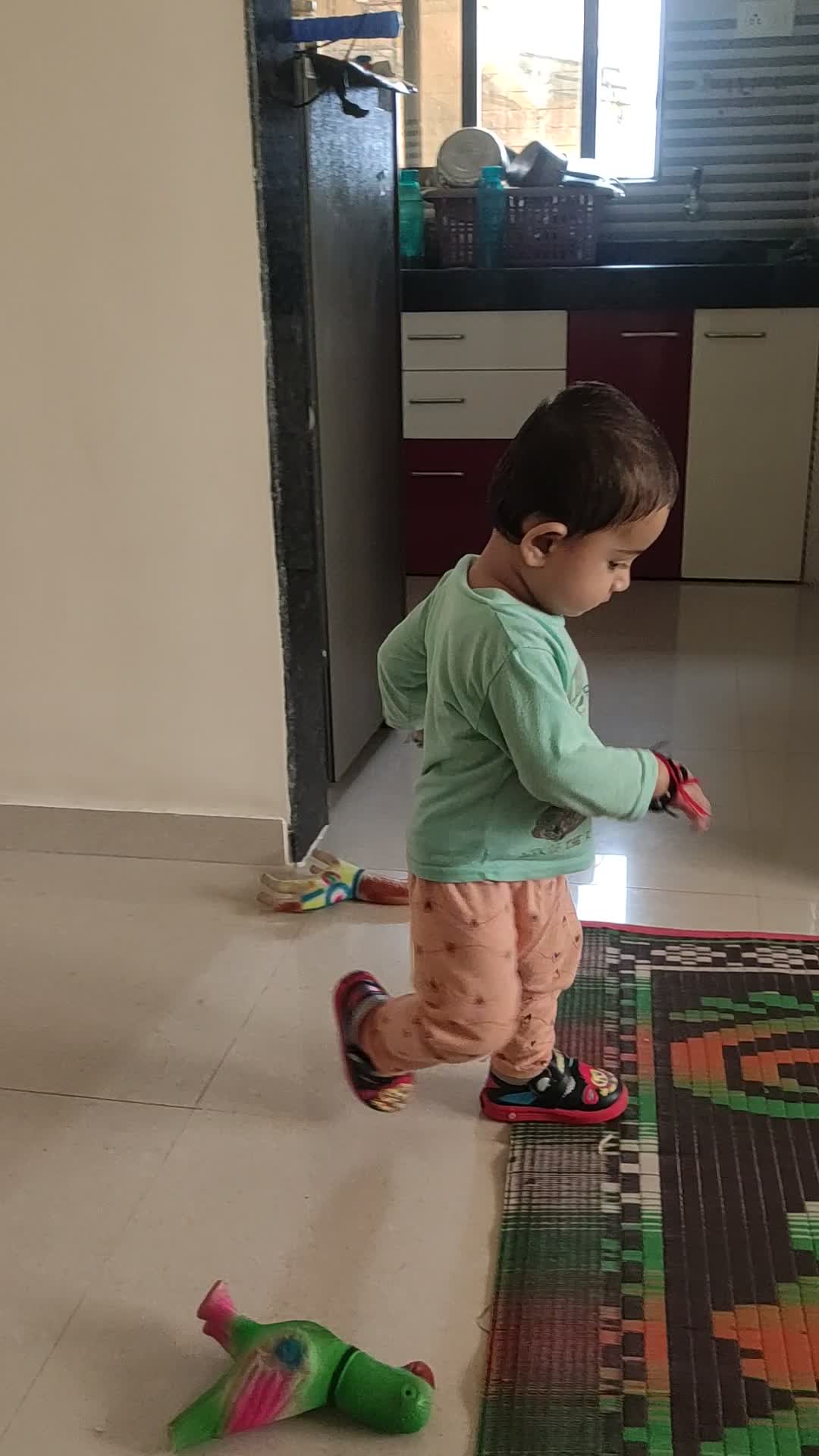 1 Year Old Toddler Walking Happily with new Shoes