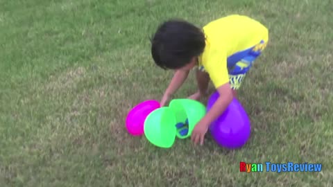 HUGE EGGS Surprise Toys Challenge with Inflatable water slide