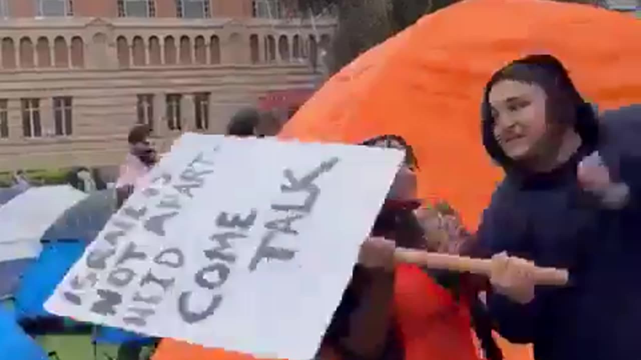 Person holding a pro-Israel sign attacked by masked woman at UCLA Gaza encampment