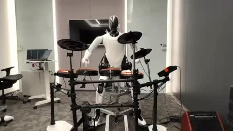 The humanoid robot CyberOne is playing a drum set without missing any beat.