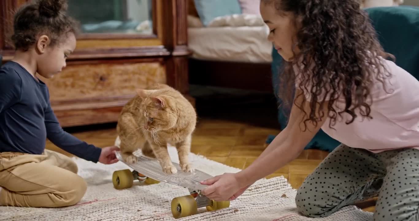 Two kids play with cat 😍