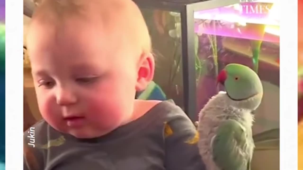 Baby and Parrot Kiss Each Other