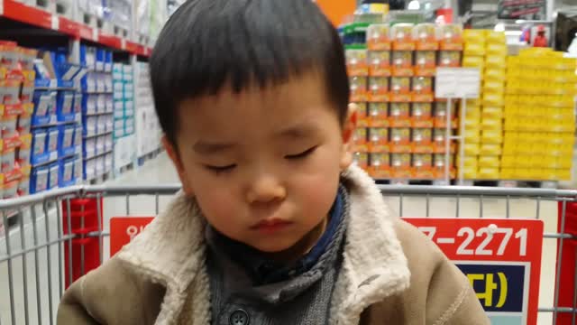 Adorable baby falls asleep in shopping cart