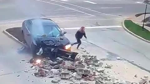 young girl crashes car and gets out and legs it.