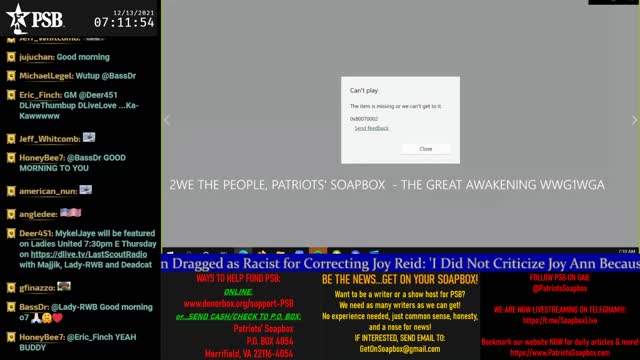 2021-12-13 07:00 EST - Patriots Soapbox AM: with LadyRWB , MykelJaye & DD