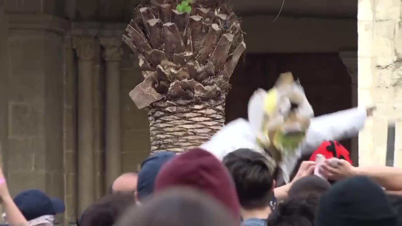 French protesters mock and burn an effigy of president Macron.