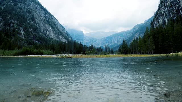 Mountain river in the rain