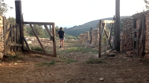 girl nice legs walking in an abandoned farm