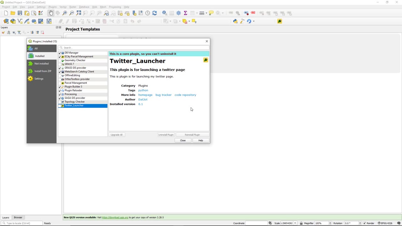 Creating a QGIS Plugin, which launches a webpage.