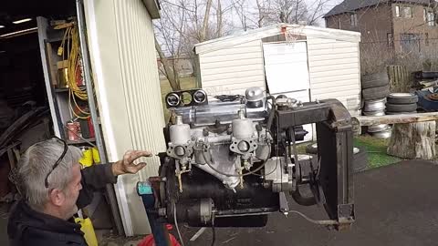 Attempting to get our 1959 triumph tr3 engine to run on the stand.