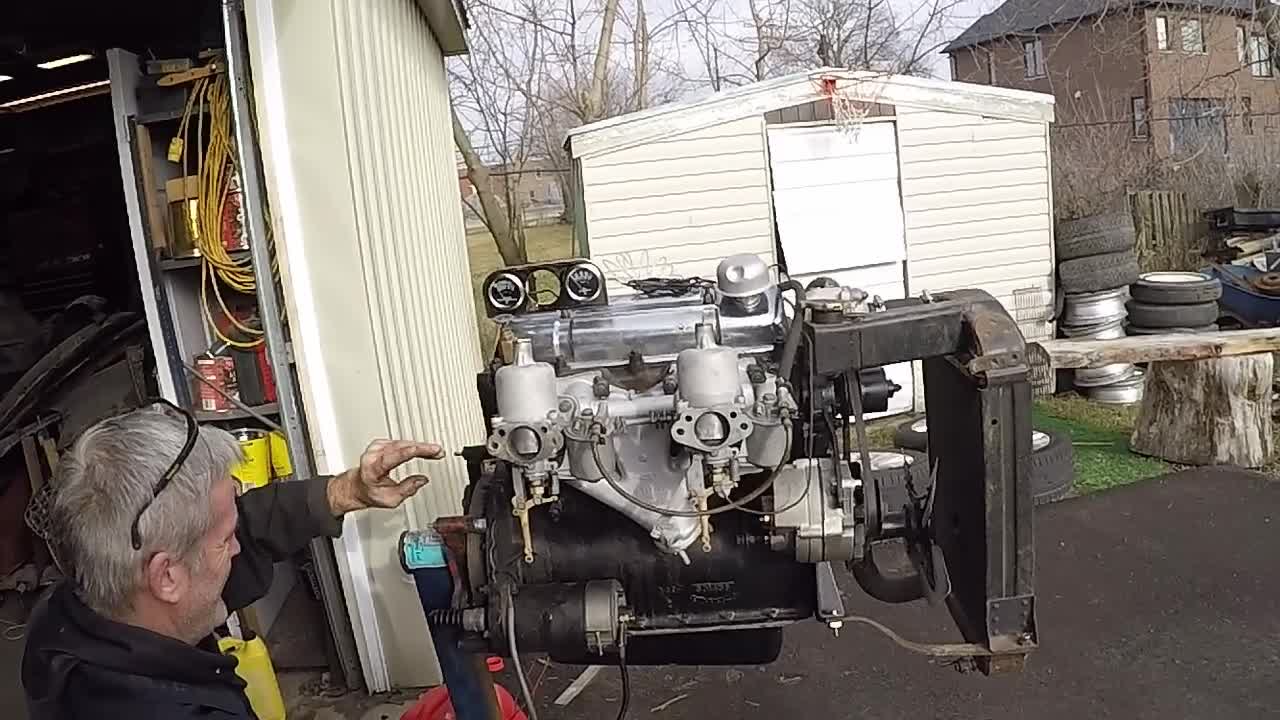 Attempting to get our 1959 triumph tr3 engine to run on the stand.