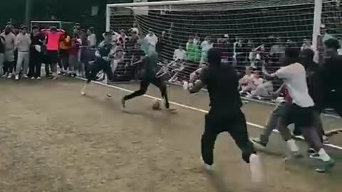 Genius street soccer move: Incredible dribble to open goal!