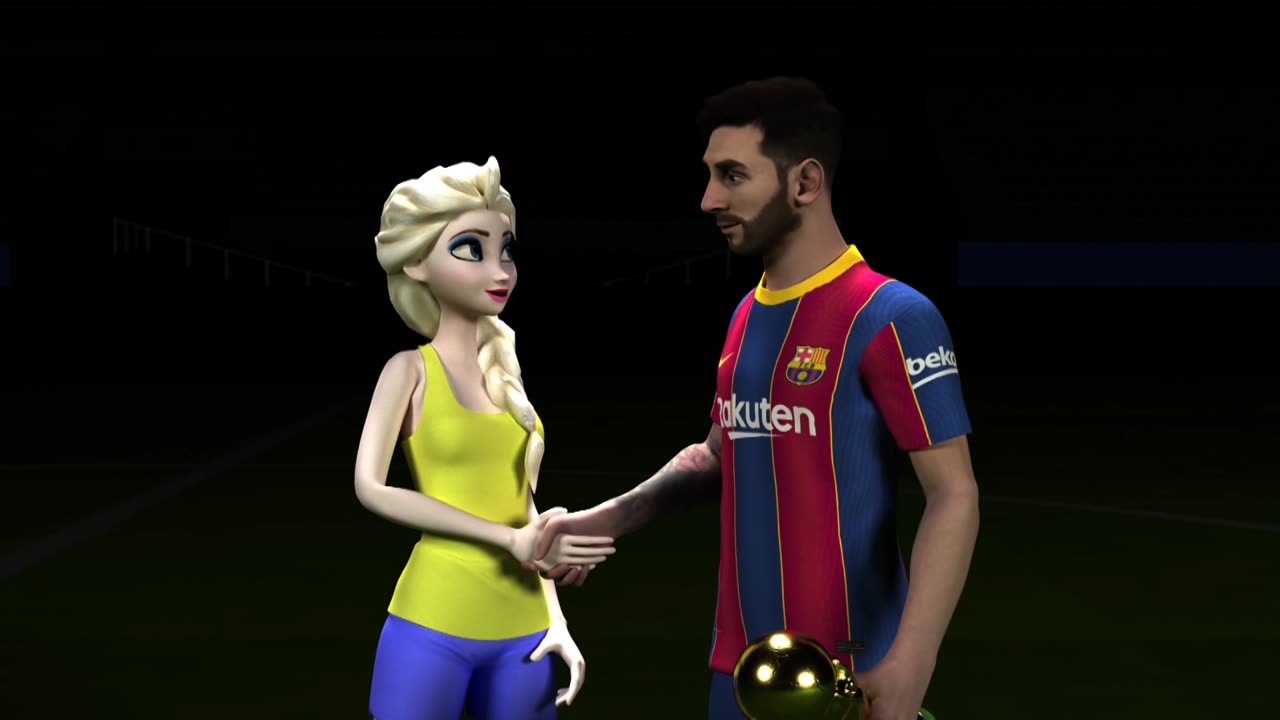 Elsa plays soccer with Messi