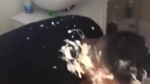 Sister throw cake at her brother!!