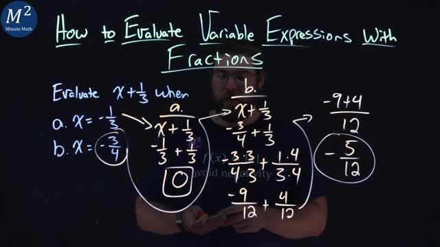 How to Evaluate Variable Expressions with Fractions | Evaluate x+1/3 when x=-1/3 and x=-3/4 | 1 of 4