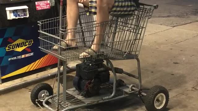 Man Saves Money On Fuel By Using A Shopping Cart Car