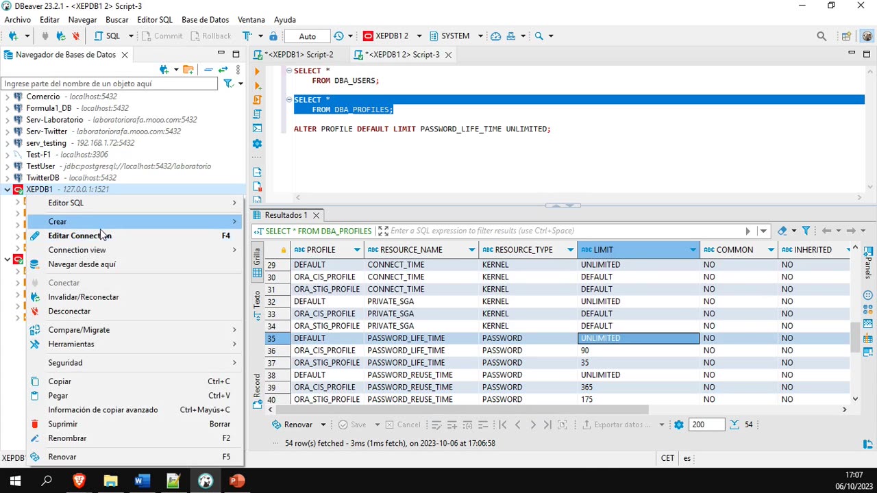 Configurar usuario y password en base de datos Oracle