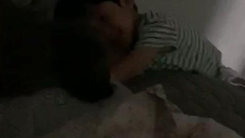 A baby playing with a dog.