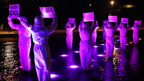 Les Masques Blancs Nantes Action Pancartes sur le miroir d'eau le 25 novembre