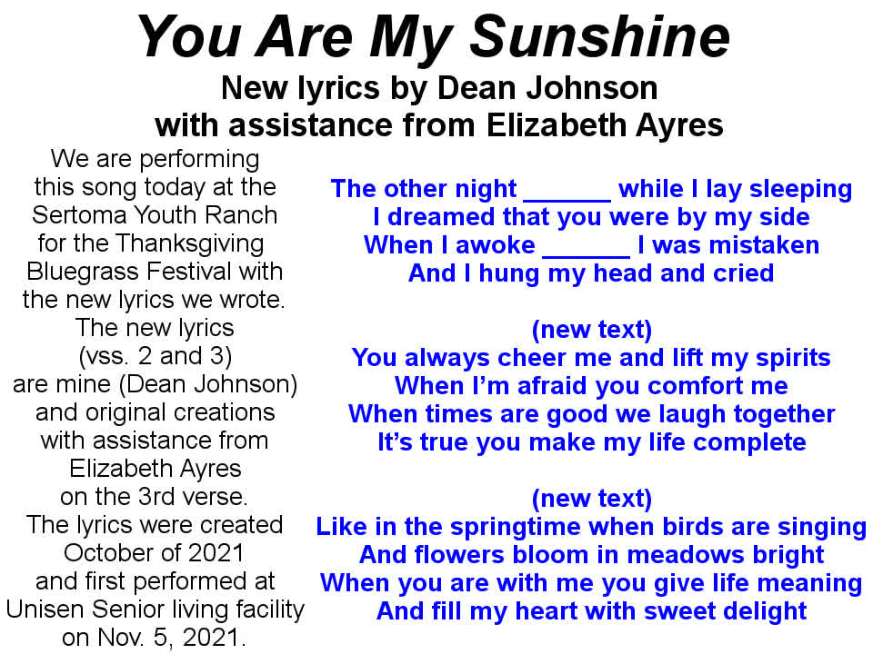 You Are My Sunshine (new lyrics by Dean Johnson)