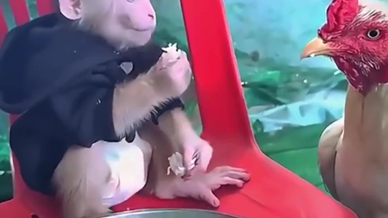 Monkey and Hen fighting for food