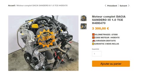 AEPSPIECES.COM - Moteur complet DACIA SANDERO III 1.0 TCE H4DE470