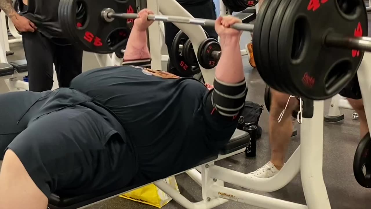 Bench Press 405 Pounds Then A Drop Set Of 315 Pounds Followed By A Drop Set Of 225 Pounds.