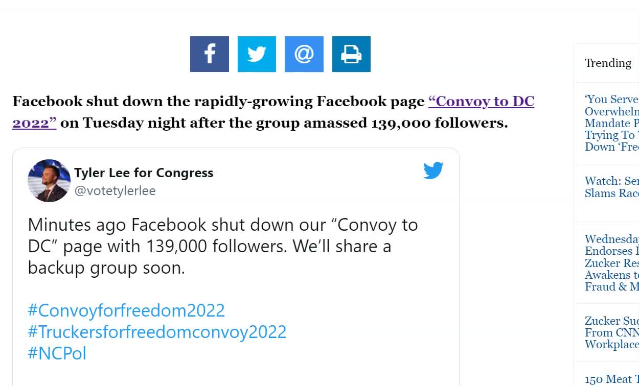 Facebook Removes "Convoy to DC 2022" Page, Truckers Create New One