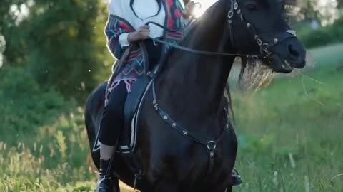 Beautiful girl with her black horse