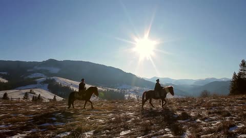 Mountainy journey on horseback. Winter morning