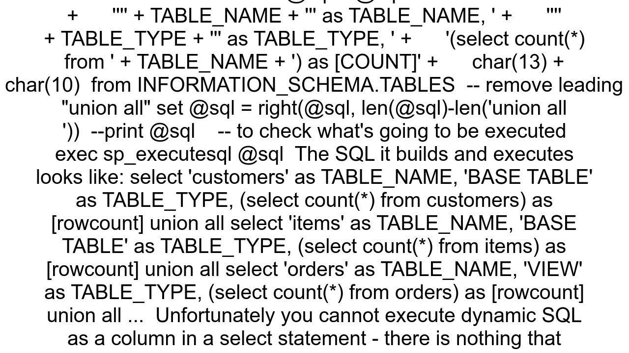 Counting the number of rows per view and table on SQL Server