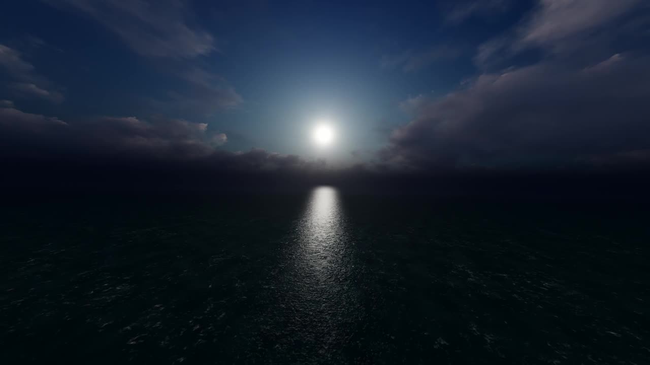 Flying to the horizon over the sea at night