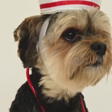 A funny dog wear a doctor