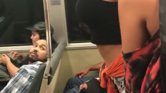 Girl gymnastics fails on subway