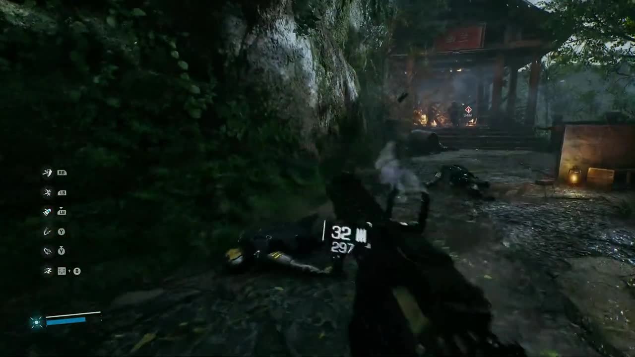 Not far away, with both hands holding the back of the head