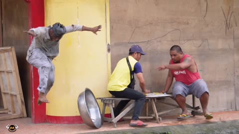 Homeless man clapping aluminum basin at people prank #1