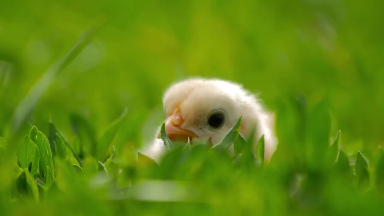 Close up newborn yellow chicken on the grass field on green background. Easter concept