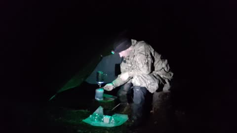 Making coffee and vlog by a tent. Woodland wildcamping