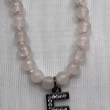 Handmade + Knotting Unique Initial Necklace with Rose Quartz, Zirconia Letter E