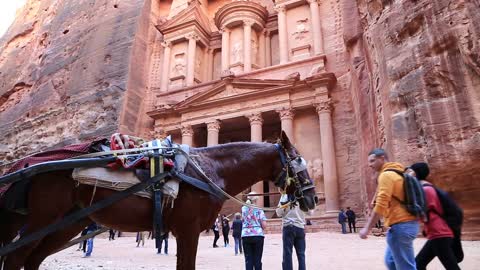 Horse and people near Al Khazneh or the Treasury at Petra