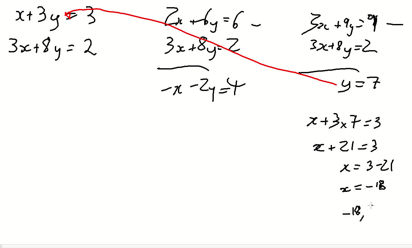 Simultaneous Equations, elimination; x+3y=3 & 3x+8y=2