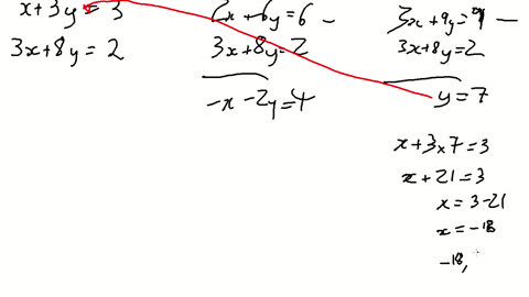 Simultaneous Equations, elimination; x+3y=3 & 3x+8y=2