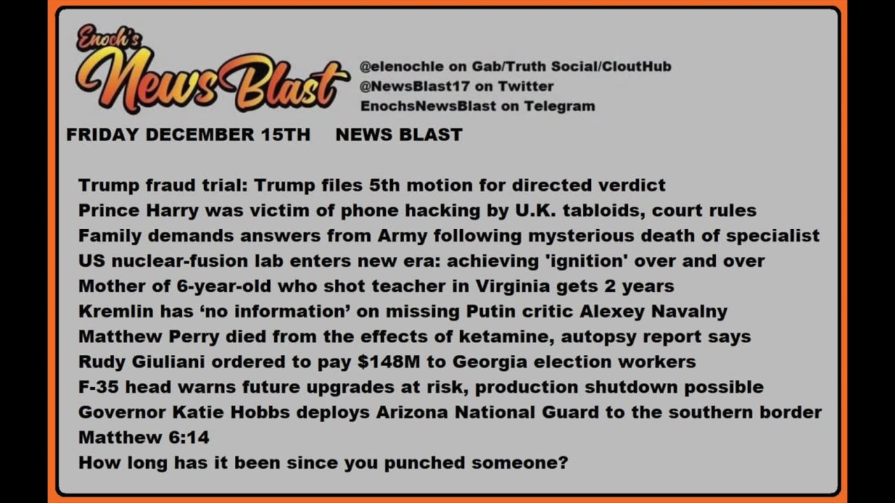 Friday, December 15, 2023 News Blast