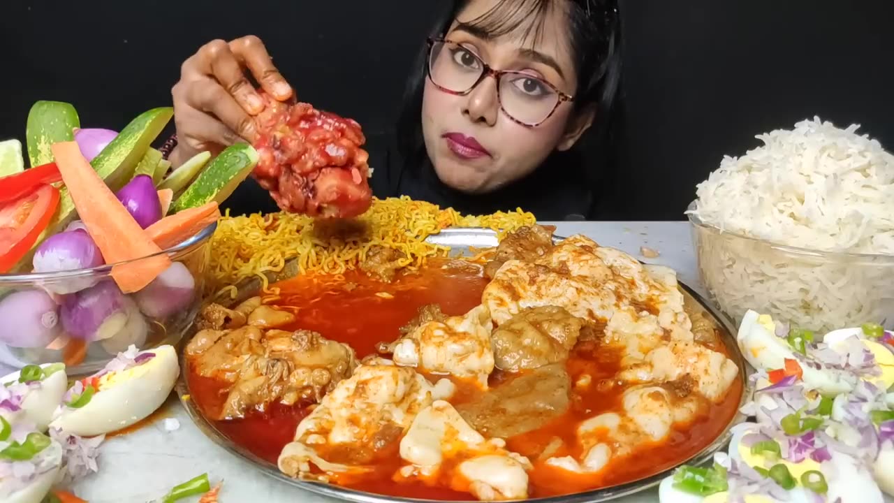 Eating Mutton Fat & Chicken Skin Curry, Schezwan Chicken, Maggi _ Big Bites _ Asmr Eating