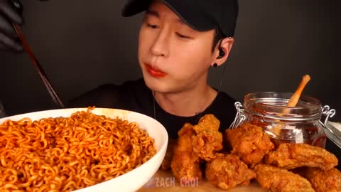 ASMR SPICY FIRE NOODLES & HONEY GLAZED FRIED CHICKEN MUKBANG (No Talking) COOKING & EATING SOUNDS