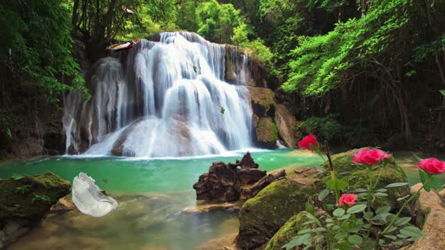 waterfall birds water river clouds protruding arc