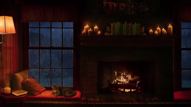 Rain and Fireplace Sounds at Night