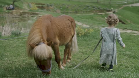 The girl bonds with her pony